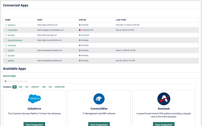 Connected Apps Table